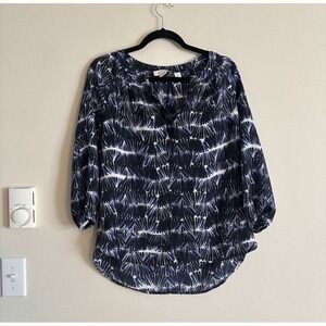 Cynthia Rowley Womens XS SILK Top Blue Watercolor‎ 3/4 Sleeve Blouse Boho